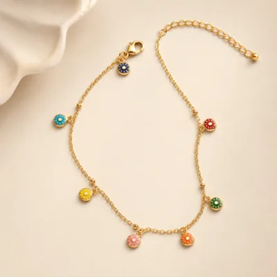Tornozeleira Dourada com Flores Coloridas, referência 83495-06-A