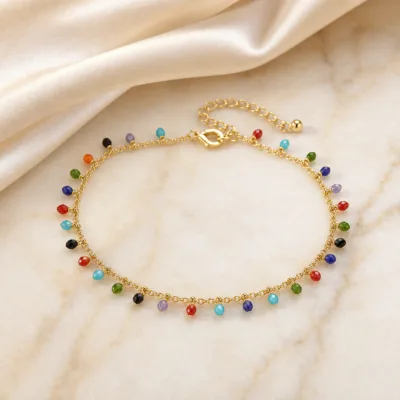 Tornozeleira Dourada com Franja Colorida, referência 83496-06-A