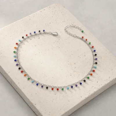 Tornozeleira Prateada com Franja Colorida, referência 83496-06-B