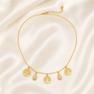 colar árvore da vida com gotas pavé 83505-04 dourado sobre cetim marfim