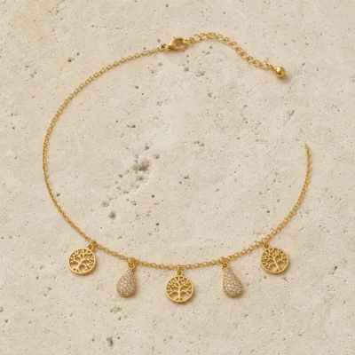 colar árvore da vida com gotas pavé 83505-04 dourado sobre pedra clara