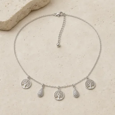 colar árvore da vida com gotas pavé 83505-04 prateado sobre pedra clara