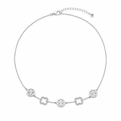 colar pavé 83505-05 prateado com medalhões geométricos em fundo branco