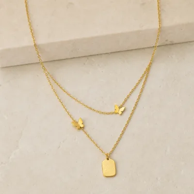 colar dourado duplo borboletas, variante dourada, pedra clara, referência 83544-02