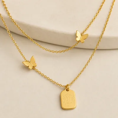 colar dourado duplo borboletas, variante dourada, pedra clara, referência 83544-02