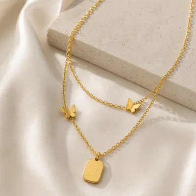colar dourado duplo borboletas, variante dourada, cetim marfim, referência 83544-02