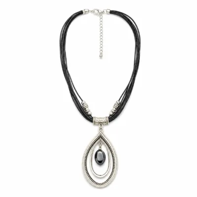 Colar Multicordão com Pendente Gota — Dourado ou Prateado — A — Preto e Prateado