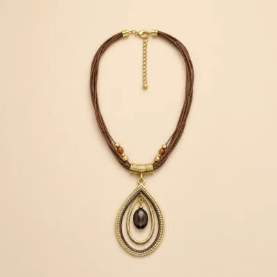 Colar Multicordão com Pendente Gota — Dourado ou Prateado — B — Castanho e Dourado