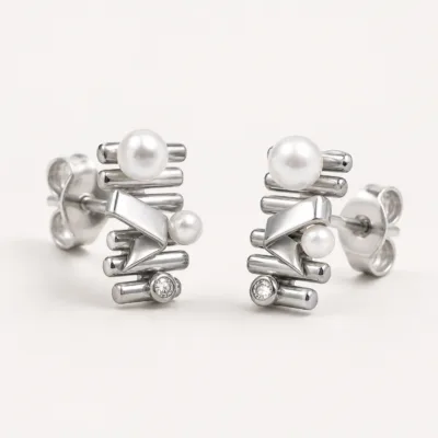 Brincos Geométricos com Pérolas e Cristal, referência 83684-04