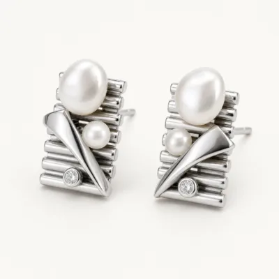 Brincos Geométricos com Pérolas e Cristal, referência 83684-04
