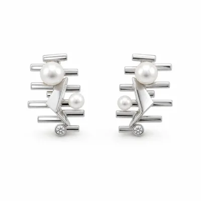 Brincos Geométricos com Pérolas e Cristal, referência 83684-04