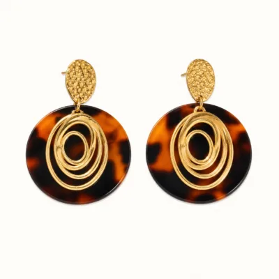 Brincos Dourados com Disco e Espiral tartaruga âmbar, referência 83686-03