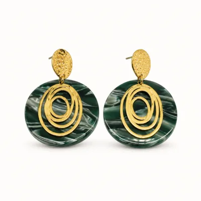 Brincos Dourados com Disco e Espiral verde marmoreado, referência 83686-03