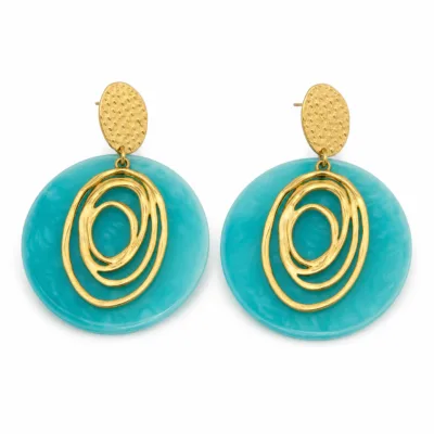Brincos Dourados com Disco e Espiral turquesa, referência 83686-03