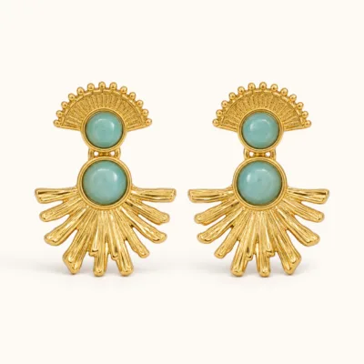 Brincos Dourados Leque com Pedras Coloridas turquesa, referência 83688-04