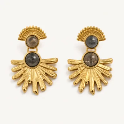 Brincos Dourados Leque com Pedras Coloridas cinzento, referência 83688-04