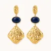 Brincos Dourados Losango com Pedra Oval azul-marinho, referência 83688-05