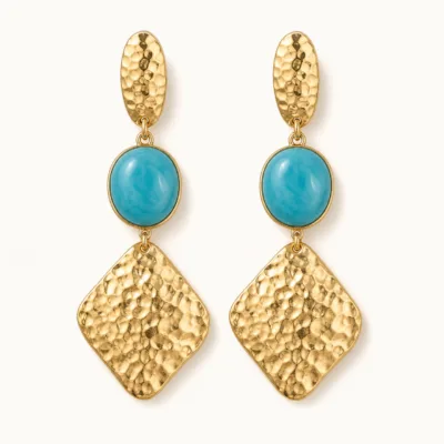 Brincos Dourados Losango com Pedra Oval turquesa, referência 83688-05