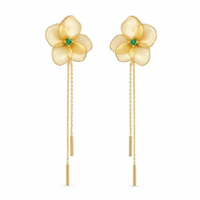 Brincos Flor com Correntes Douradas centro verde, referência 83688-06