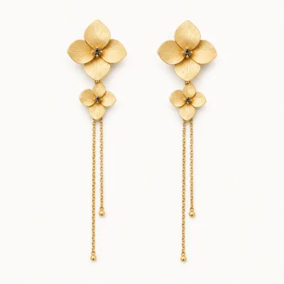 Brincos Flor com Correntes Douradas pétalas duplas, referência 83688-06