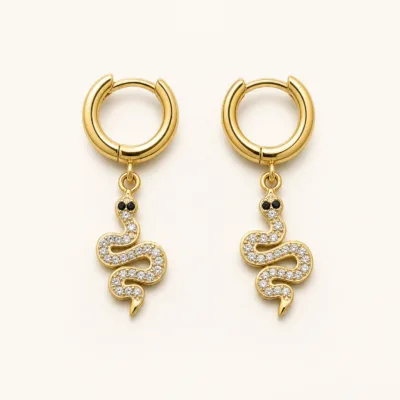 Brincos Argola com Serpente de Cristais dourado, referência 83706-02