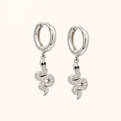 Brincos Argola com Serpente de Cristais prateado, referência 83706-02