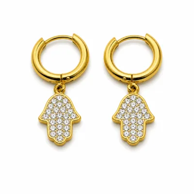 Brincos Argola com Mão de Fátima em Cristais dourado, referência 83706-08