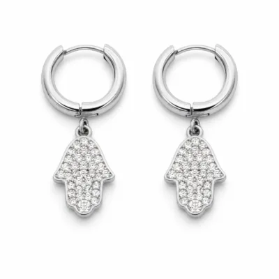 Brincos Argola com Mão de Fátima em Cristais prateado, referência 83706-08
