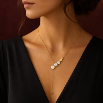 colar dourado em Y, cetim marfim, referência 83712-04