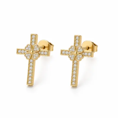 Brincos Cruz de Cristais com Pontas Coração dourado, referência 83737-02