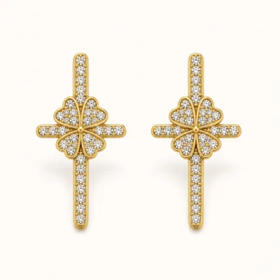 Brincos Cruz de Cristais com Pontas Coração dourado, referência 83737-02