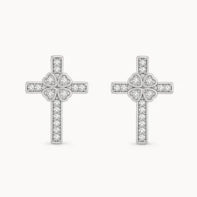 Brincos Cruz de Cristais com Pontas Coração prateado, referência 83737-02