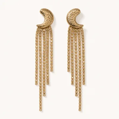 Brincos Lua Crescente com Franjas de Cristais dourado antigo, referência 83851-03