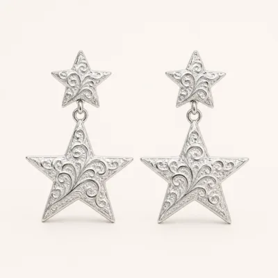 Brincos Dupla Estrela com Relevo Ornamental prateado, referência 83854-02