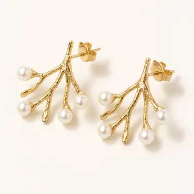 Brincos Ramo com Pérolas dourado, referência 83856-04