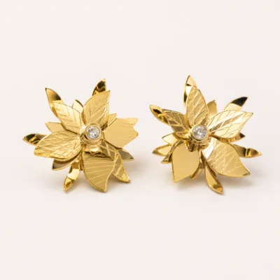 Brincos Florais de Folhas com Cristal dourado, referência 83957-05