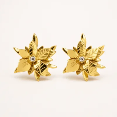 Brincos Florais de Folhas com Cristal dourado, referência 83957-05