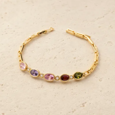 Pulseira dourada cristais 83977-01 modelo C cinco ovais coloridos sobre pedra clara