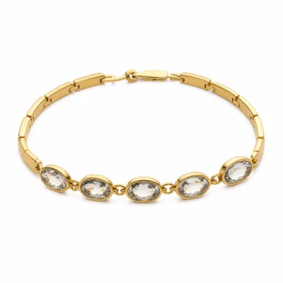 Pulseira dourada pavé 83977-02 modelo D cinco ovais cristal em fundo branco