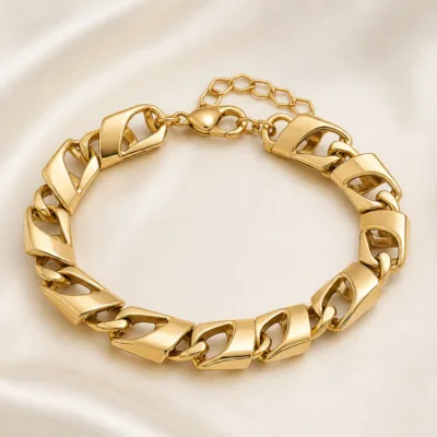 pulseira dourada geométrica, Elos Urbanos Esculpidos, em cetim marfim, referencia 83978-01