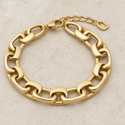 pulseira dourada geométrica, Elos Urbanos Esculpidos, em pedra clara de tom quente, referencia 83978-01