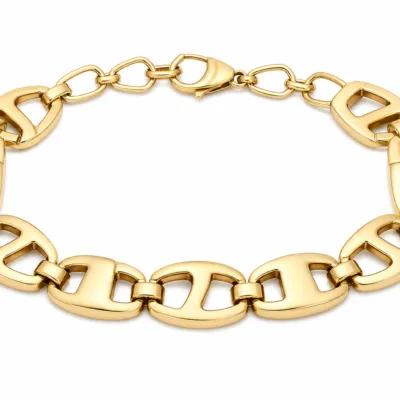 pulseira dourada geométrica, Elos Urbanos Esculpidos, em fundo branco, referencia 83978-01