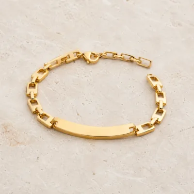 Pulseira dourada geométrica 83978-02, placa linear sobre pedra clara