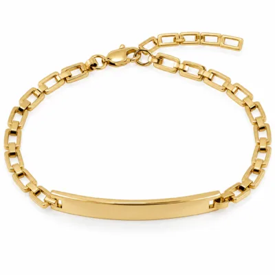Pulseira dourada geométrica 83978-02, placa linear em fundo branco