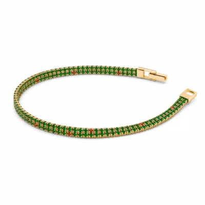 Pulseira tennis dupla linha 83980 modelo A verde multicolor dourada em fundo branco