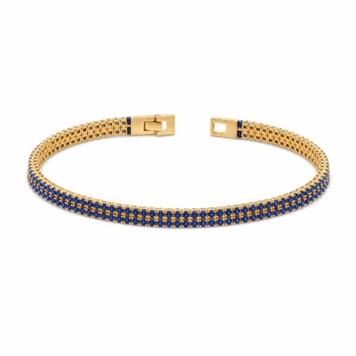Pulseira tennis dupla linha 83980 modelo C azul dourada em fundo branco