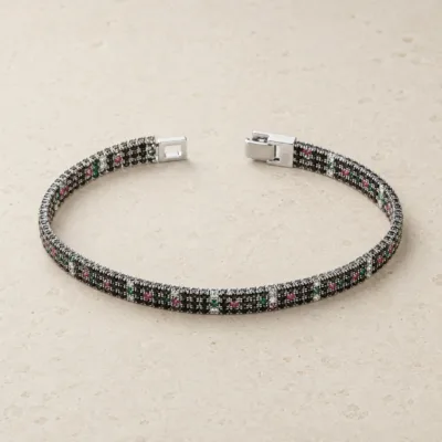 Pulseira tennis dupla linha 83980 modelo D preta multicolor prateada sobre pedra clara