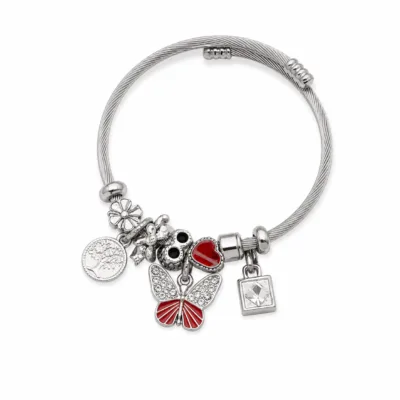 pulseira prateada com borboleta vermelha em fundo branco, referencia 84039-04-2