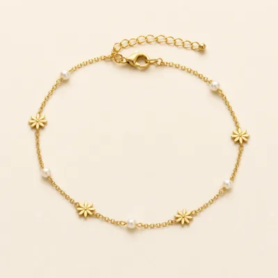 Tornozeleira Dourada com Pérolas e Flores, referência 84283-8-A