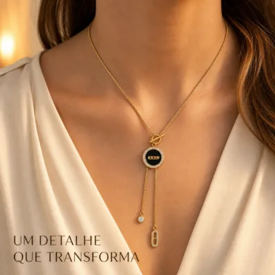 colar dourado em Y, variante dourada, pedra clara, referência 84306
